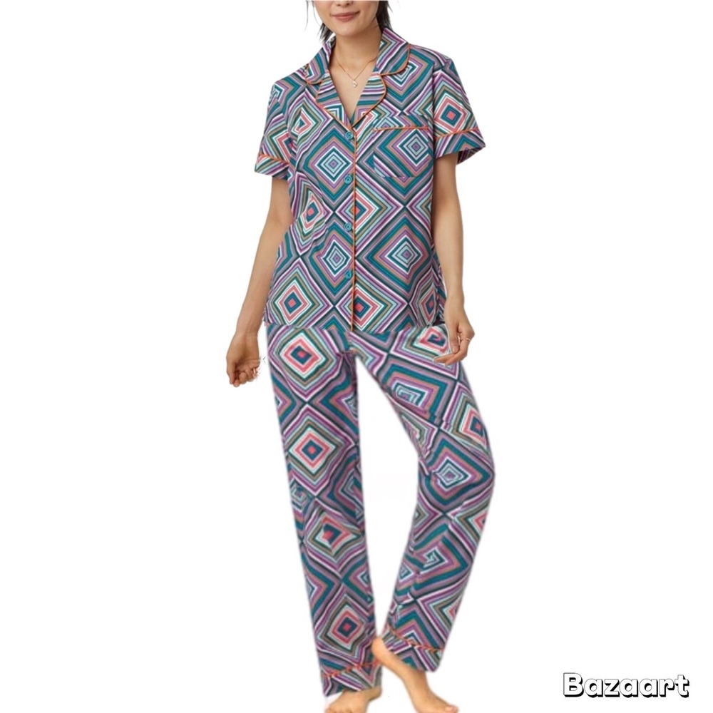 Trina Turk x Bedhead Cotton Poplin Pajama Set Sleepwear Pants Short Sleeve Top L